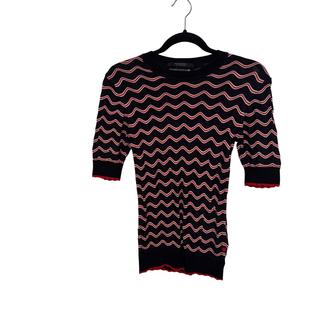 Scotch & Soda 100% Cotton Knit XS Navy Red White Chevron Wave Short Sleeve Top